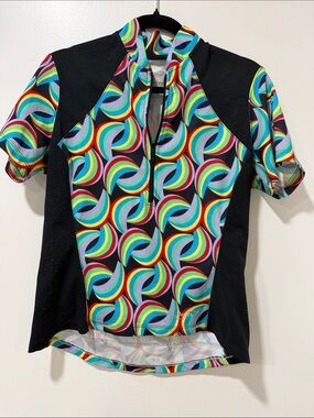 Terry brand Women Short Sleeve Cycling Jersey in Black with Multicolor Swirl